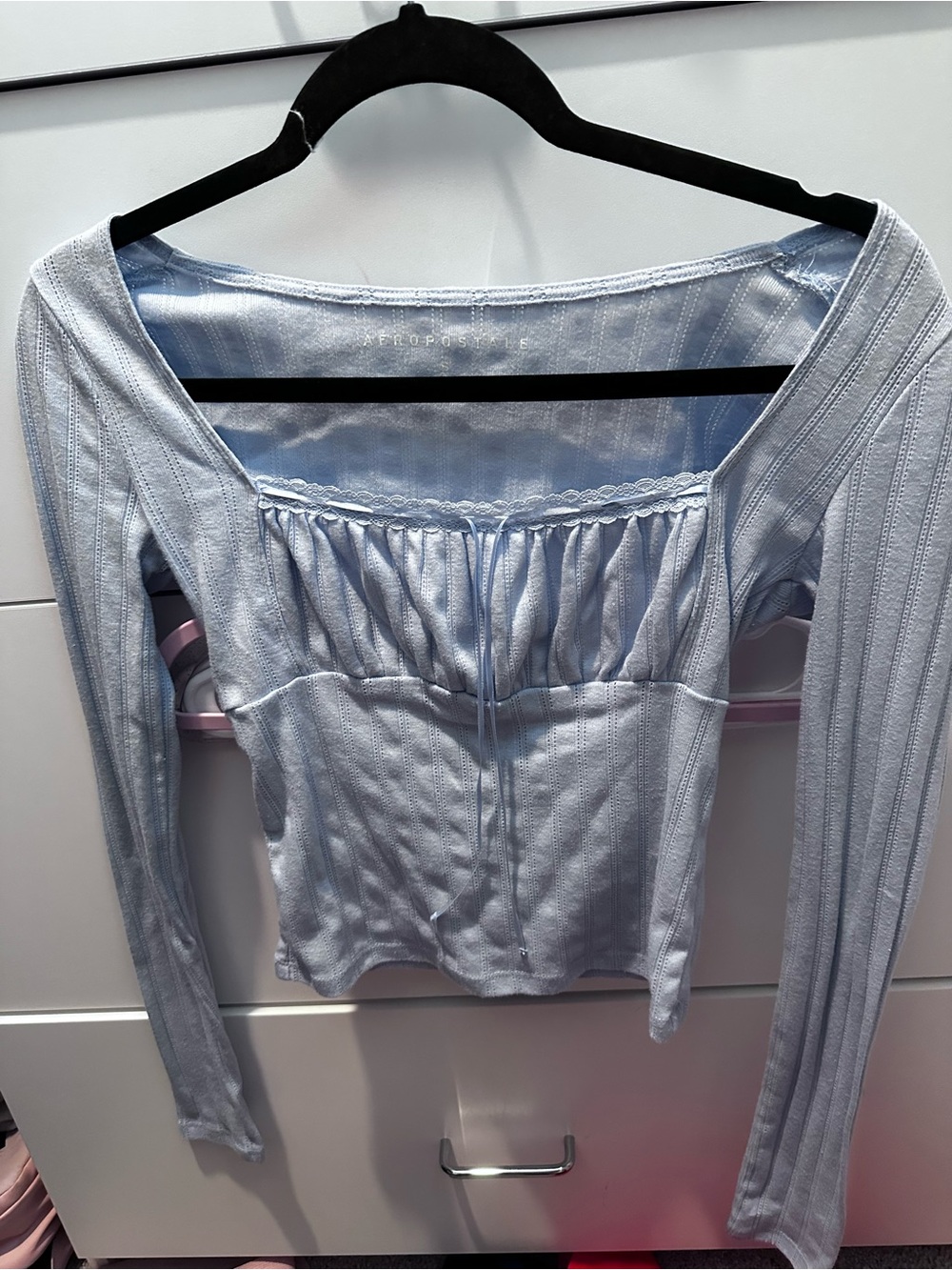 Aeropostale Light Blue Long Sleeve Square Neck Ruched Top